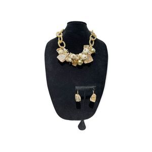 Chunky Fashion Jewelry Brown White Gold Tone Earring Set Plastic Beads Chain